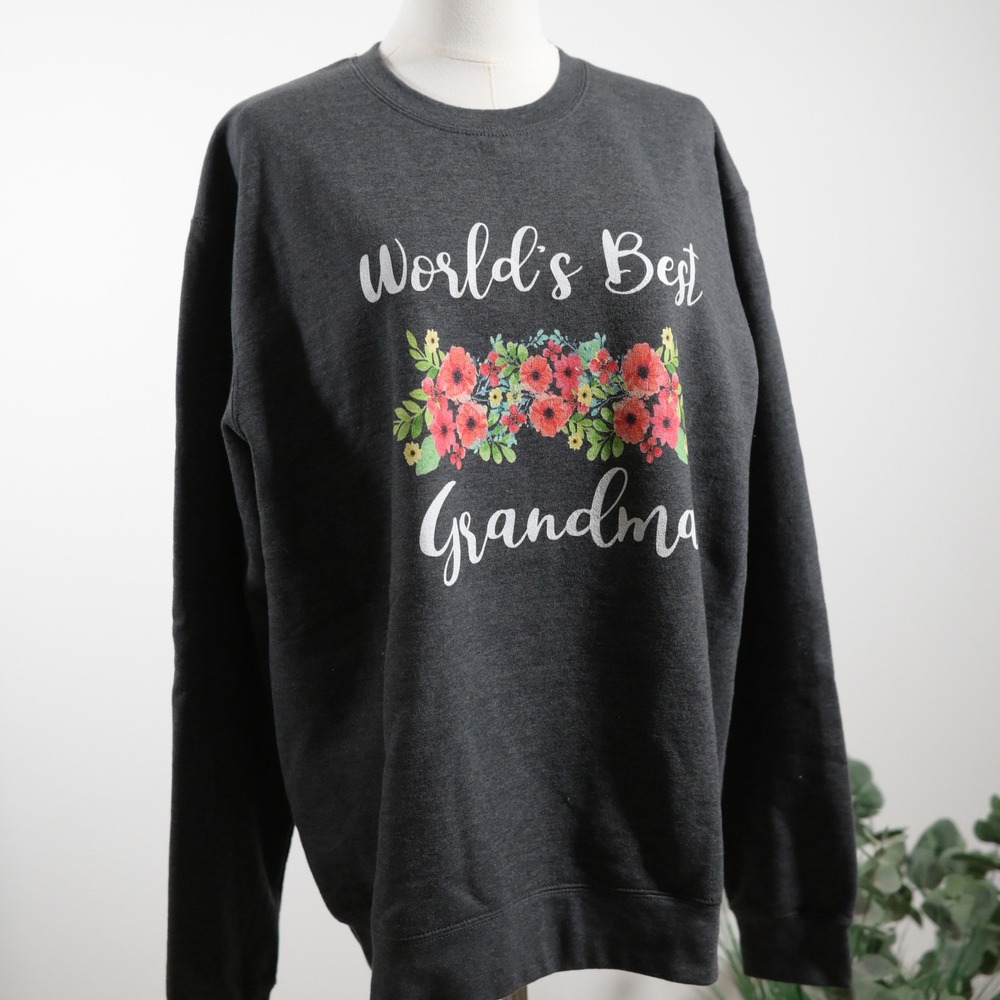 Port & Company Worlds Best Grandma Floral Sweatshirt Charcoal Gray Large